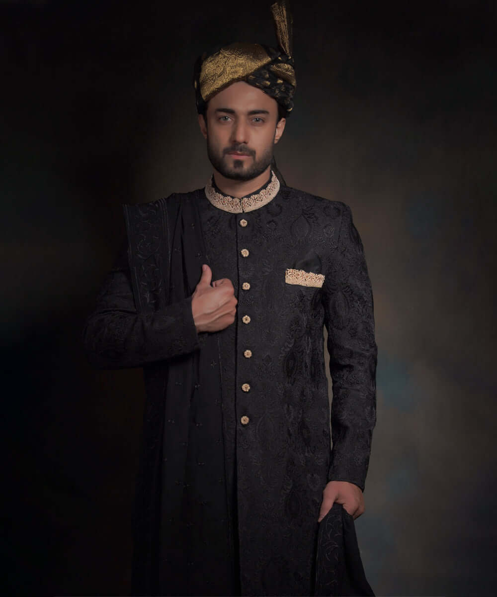 Traditional Black Embroidered Nawab Pakistani Groom Sherwani