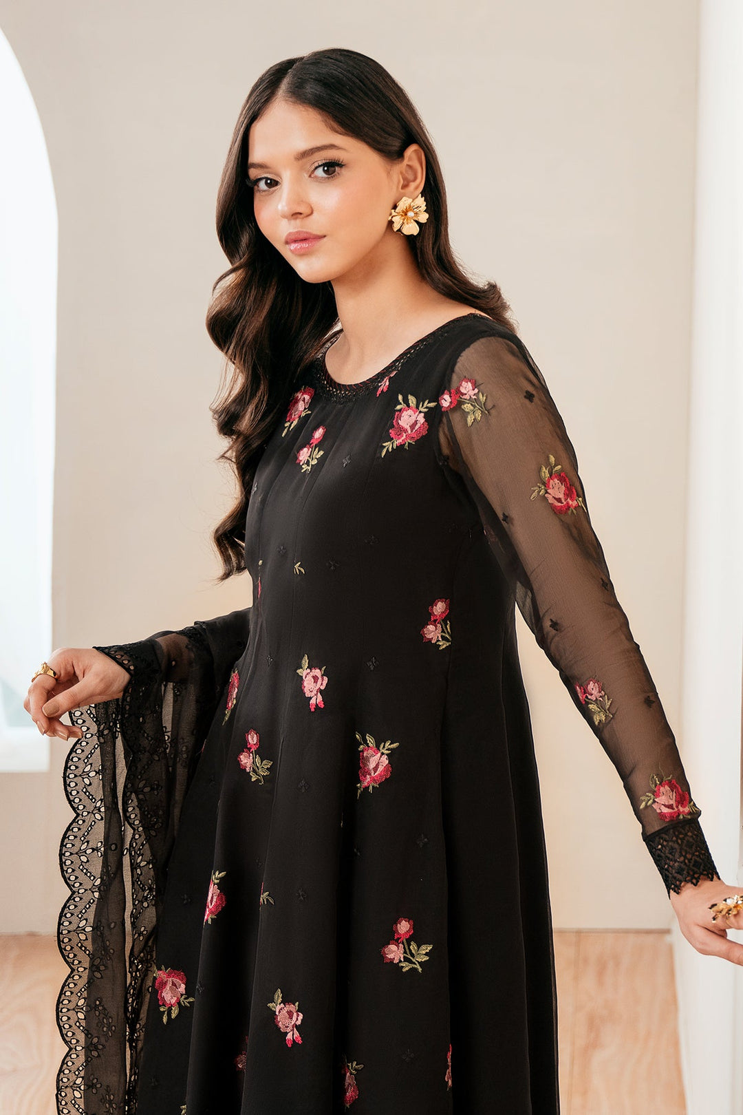 Traditional Black Floral Embroidered Pakistani Dress in Frock Style