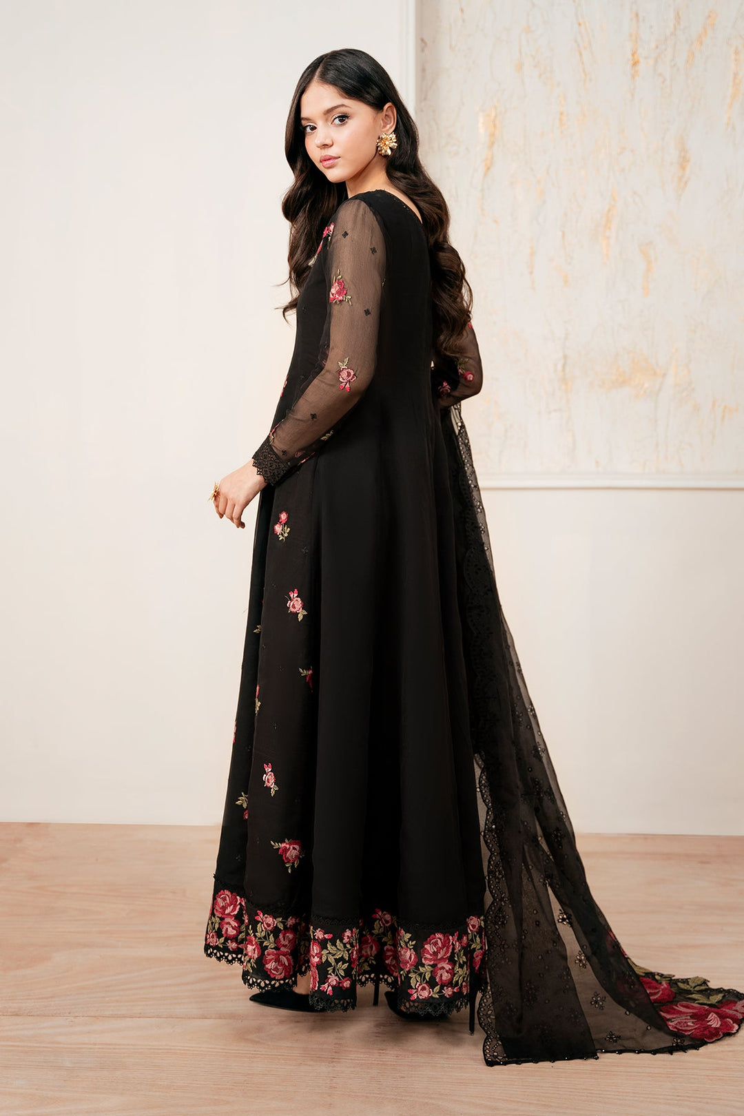 Traditional Black Floral Embroidered Pakistani Party Dress Frock Style