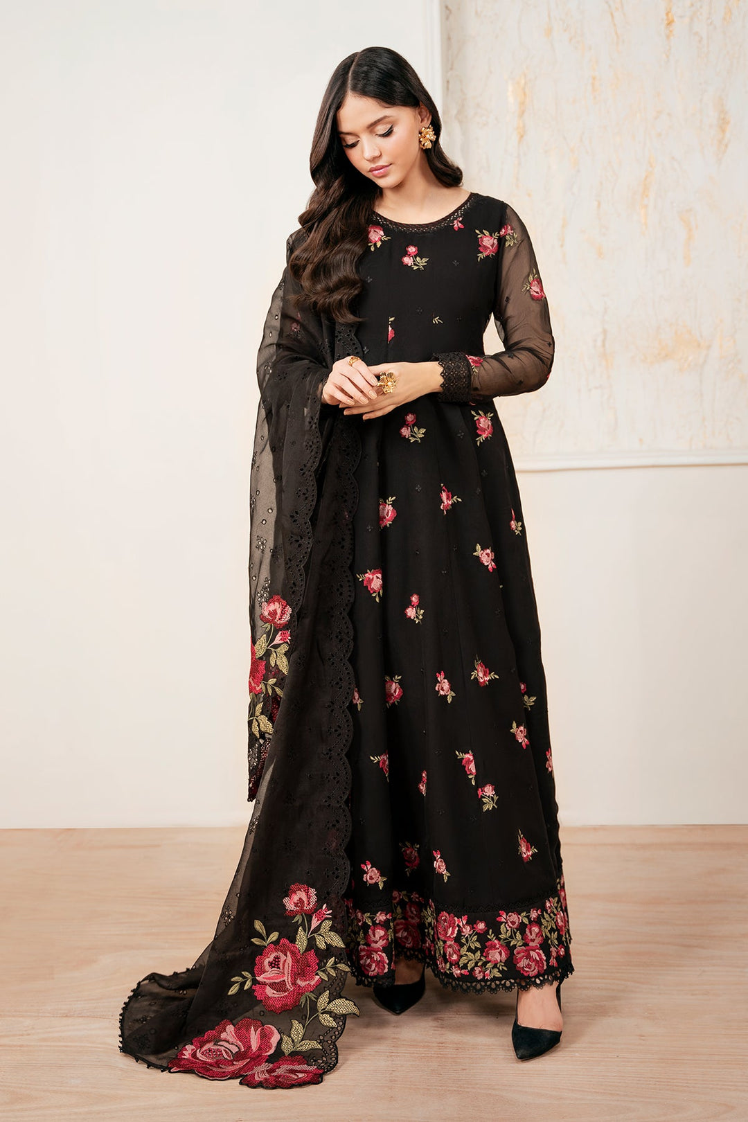 Traditional Black Floral Embroidered Pakistani Party Dress in Frock Style
