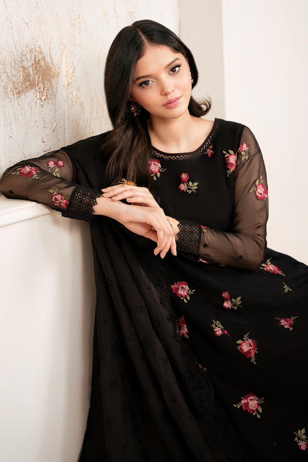 Traditional Black Floral Embroidered Party Dress in Frock Style