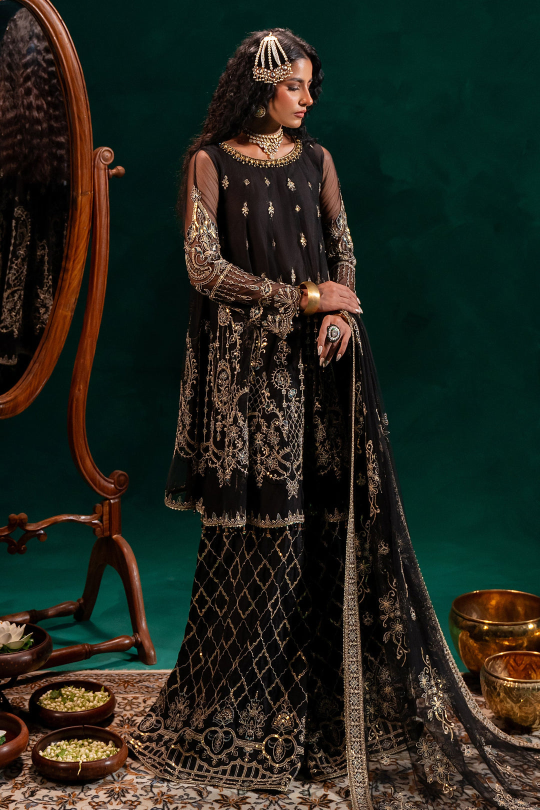 Traditional Black Pakistani Wedding Wear Embroidered Sharara