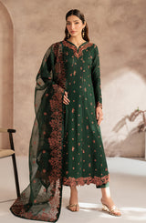 Traditional Bottle Green Embroidered Pakistan Party Dress in Long Frock Style