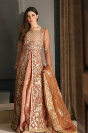 Traditional Caramel Embroidered Pishwas Pakistani Wedding Dress