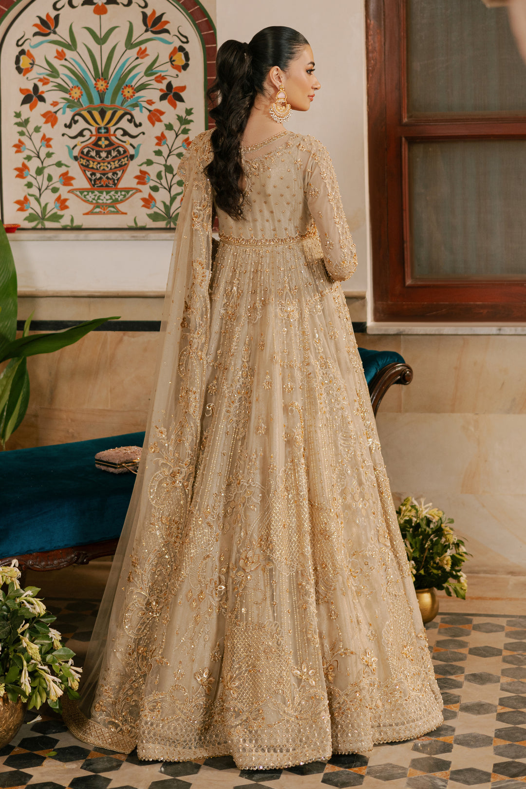 Traditional Champagne Gold Embroidered Pakistani Wedding Dress