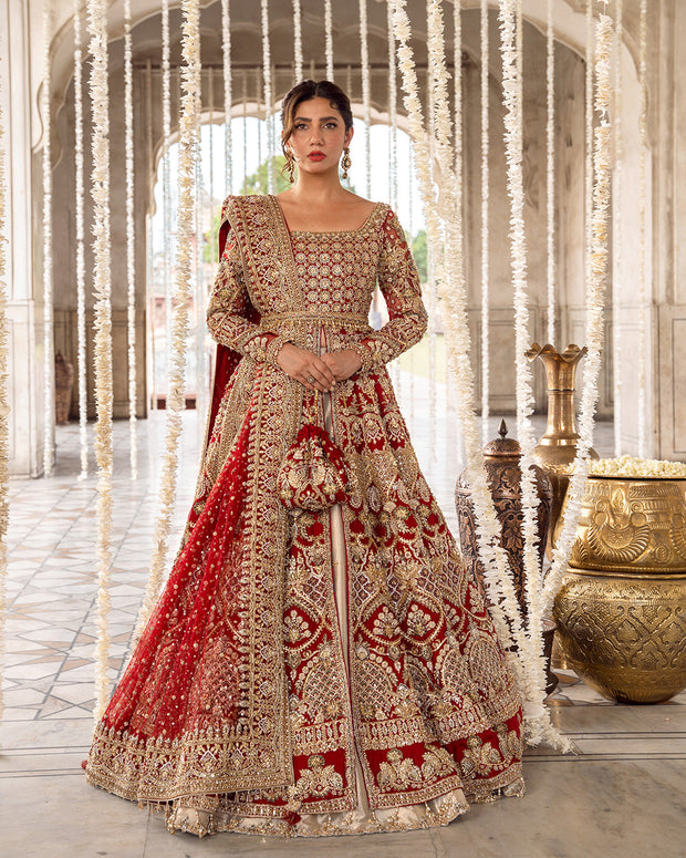 Traditional Embroidered Pakistani Bridal Dress in Red Lehenga Pishwas Style