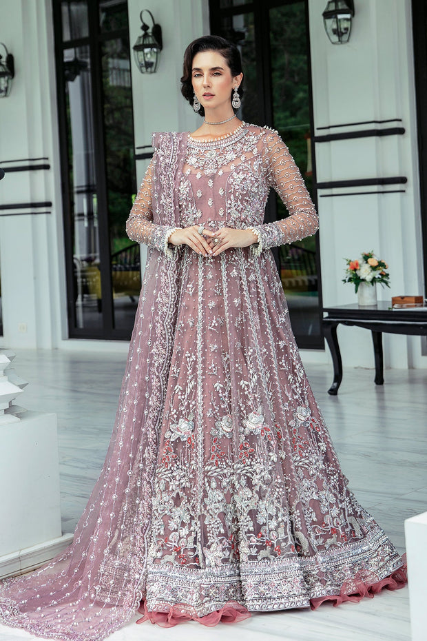Traditional Lilac Embroidered Pakistani Wedding Wear Long Pishwas Frock