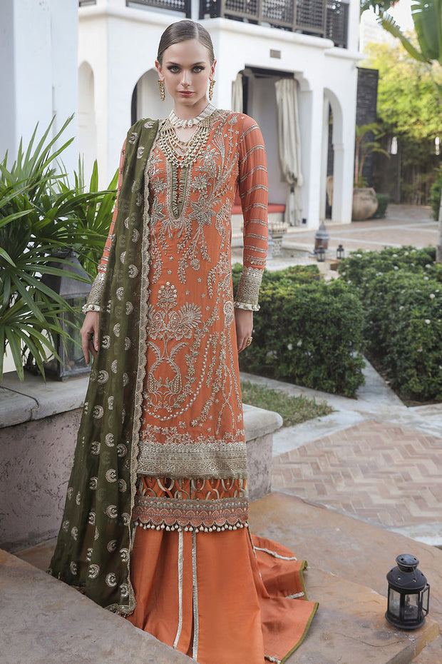 Traditional Orange Embroidered Kameez Sharara Pakistani Wedding Dress