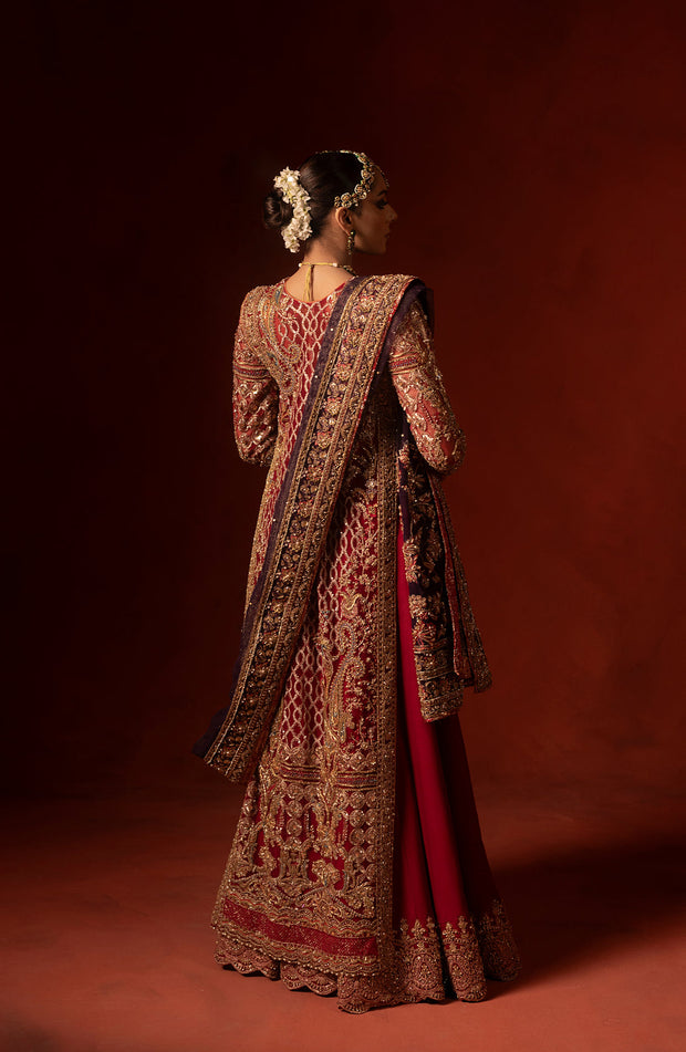 Traditional Pakistani Bridal Dress in Open Shirt Sharara Style