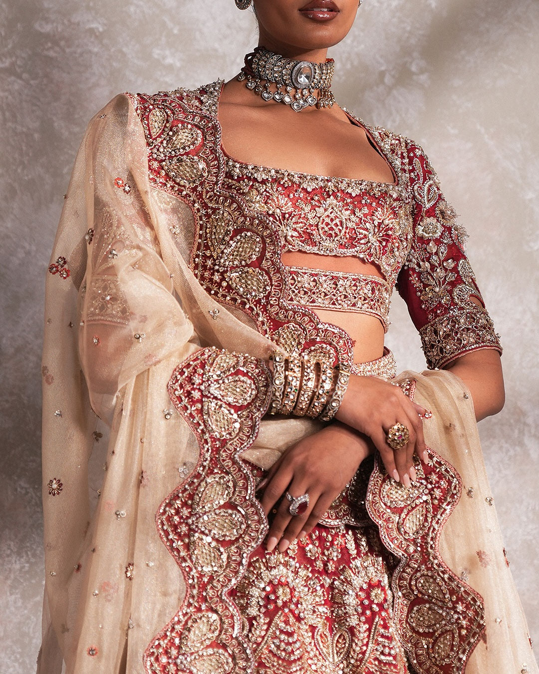 Traditional Pakistani Bridal Dress in Red Lehenga Dupatta Style