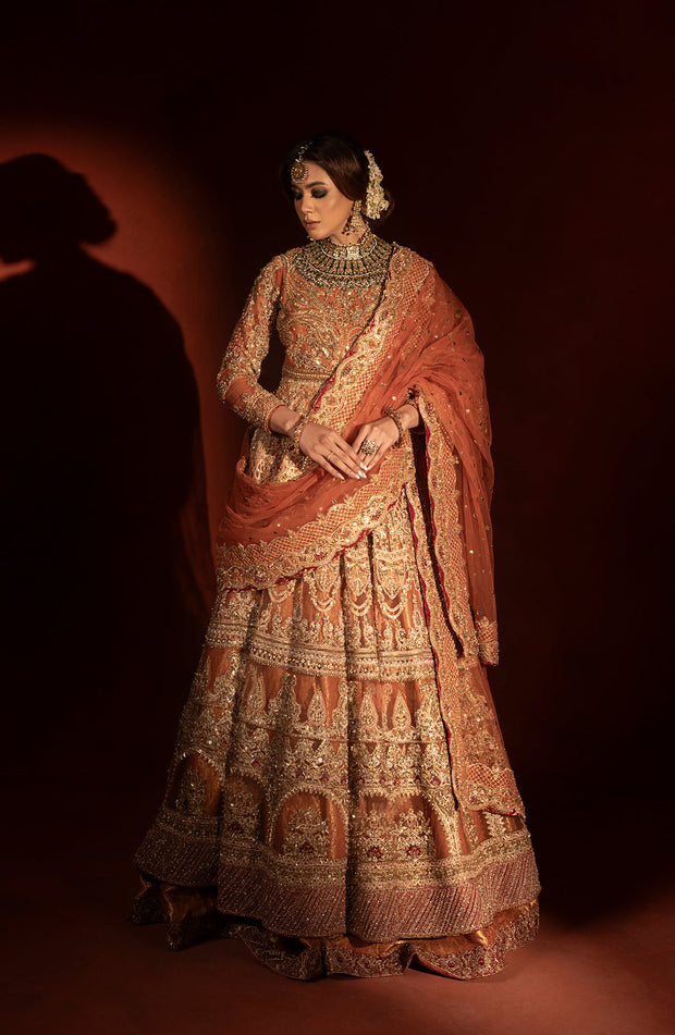 Traditional Pakistani Bridal Dress in Rust Pishwas Lehenga Style