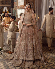 Traditional Peach Pink Pakistani Bridal Wear in Luxury Pishwas Lehenga Style