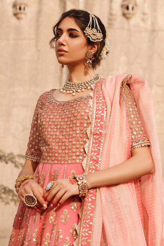 Traditional Pink Pakistani Bridal Dress in Pishwas Frock Style