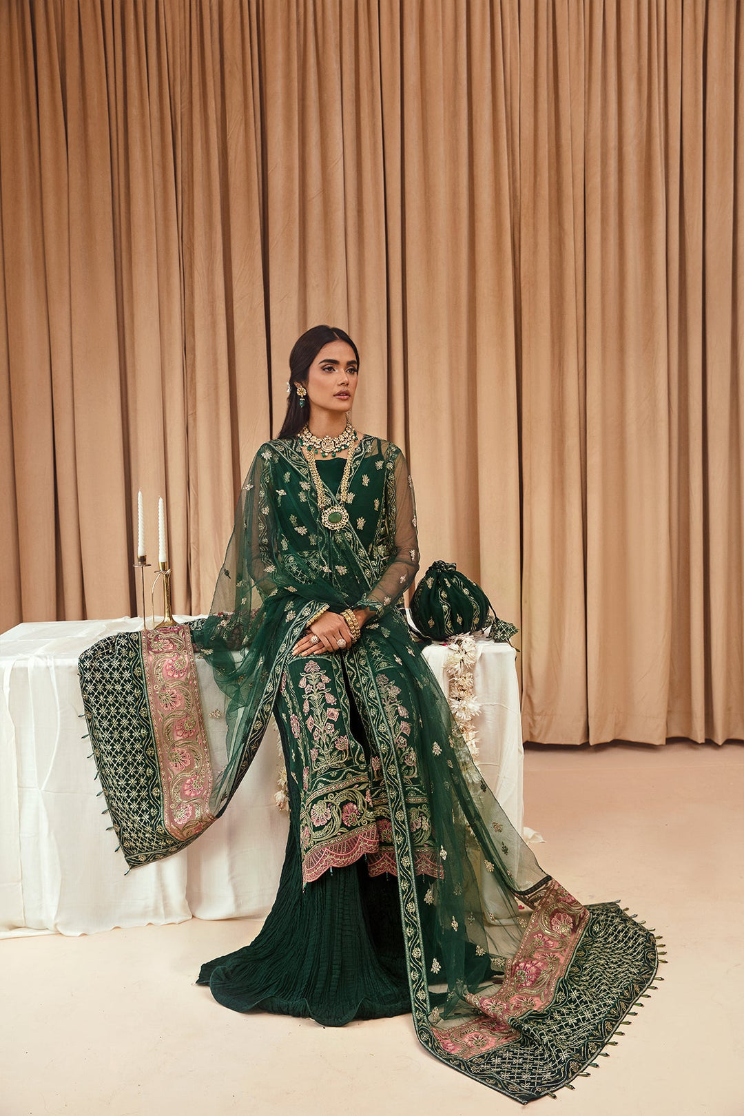 Try Bottle Green Embroidered Open Gown Style Pakistani Wedding Dress