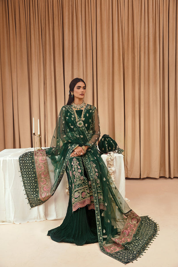 Try Bottle Green Embroidered Open Gown Style Pakistani Wedding Dress