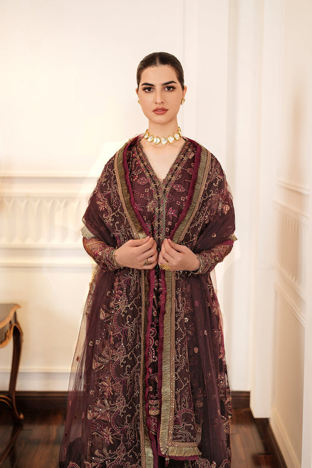 Try Chocolate Brown Embroidered Sharara Kameez Wedding Dress 2023