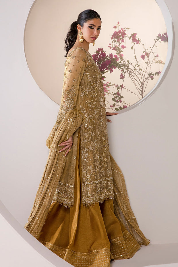 Try Embroidered Mustard Pakistani Wedding Dress in Kameez Gharara Style