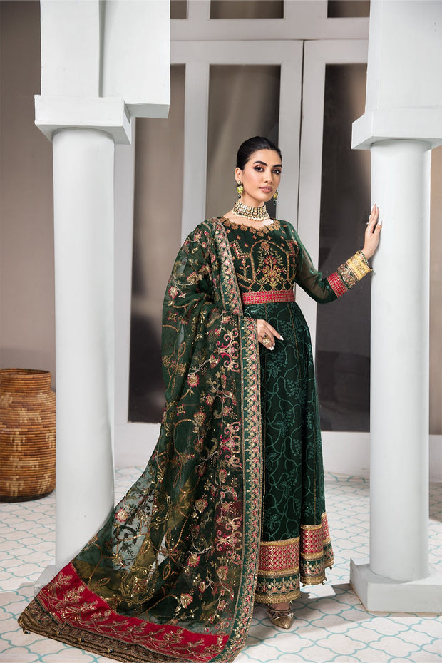 Try Heavily Embellished Bottle Green Pakistani Pishwas Wedding Dress