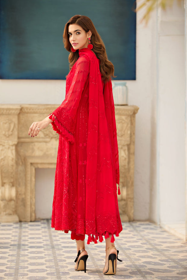 Rose Red Embroidered Pakistani Long Frock with Dupatta Party Dress