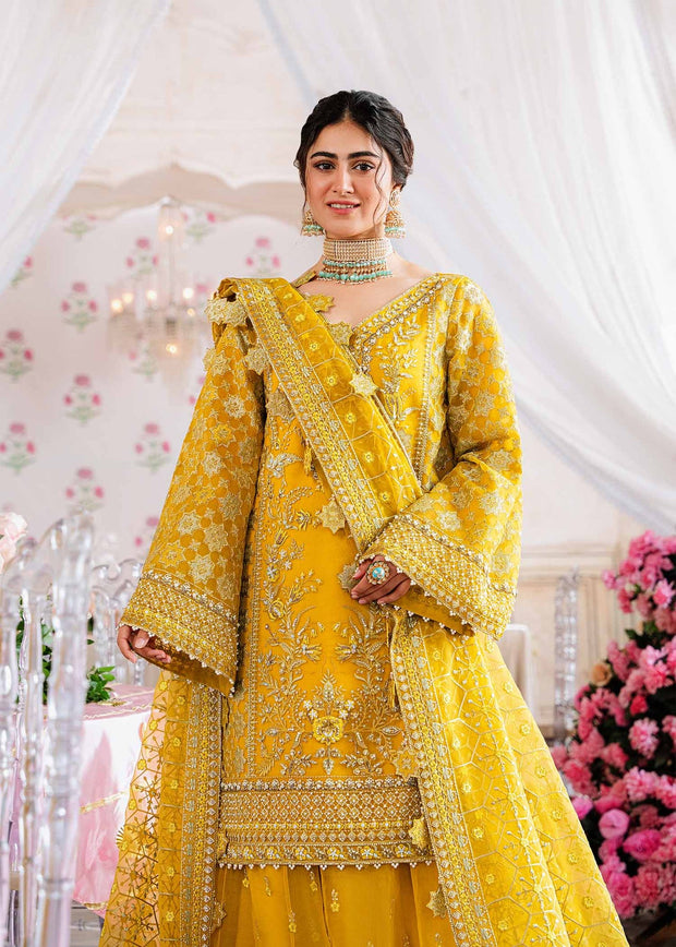 Try Royal Mustard Gold Embroidered Pakistani Sharara Kameez Party Wear