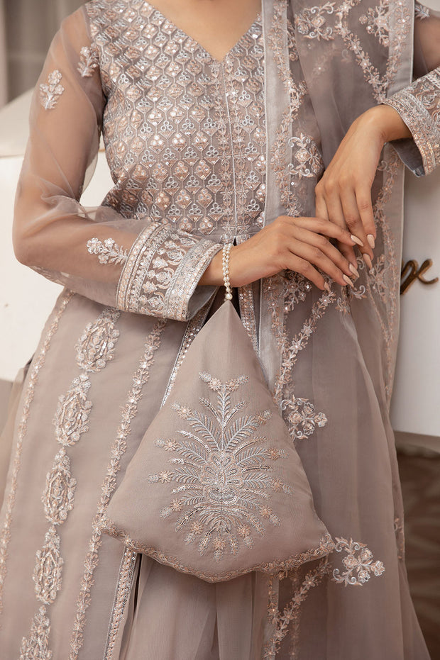 Silver Grey Embellished Gown Frock Pakistani Wedding Dress