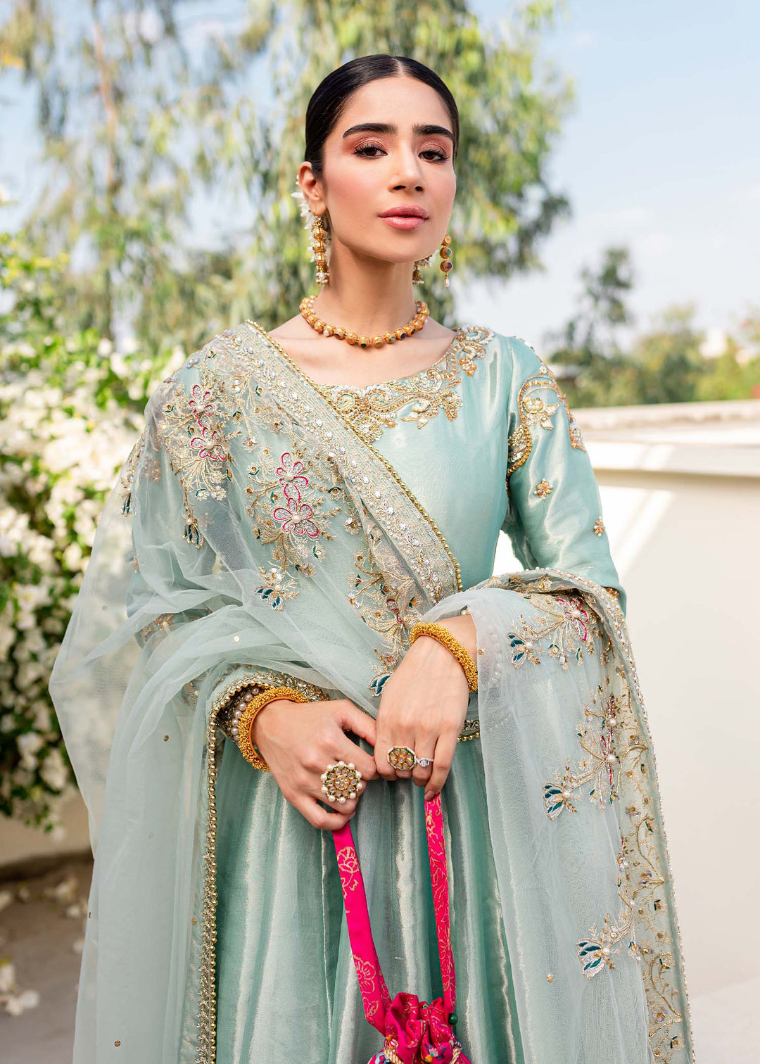 Turquoise Embroidered Pakistani Wedding Wear Pishwas Dupatta