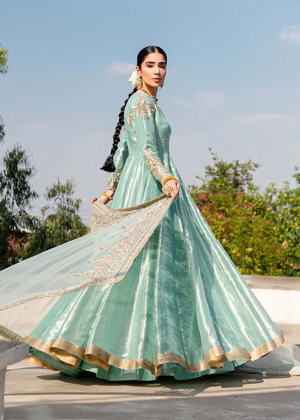 Turquoise Heavily Embroidered Pakistani Wedding Pishwas Dupatta