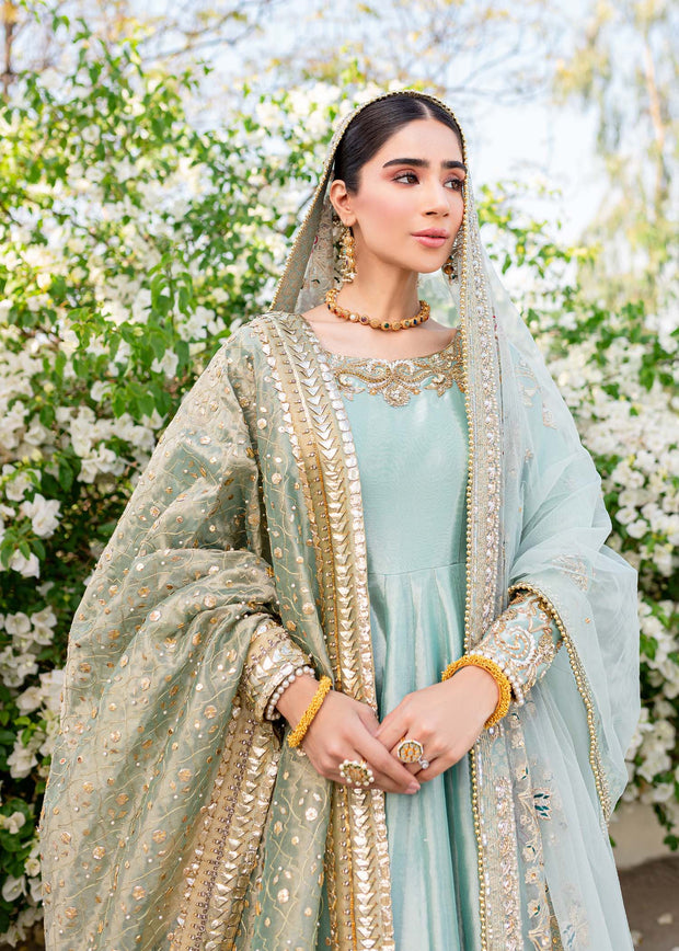 Turquoise Heavily Embroidered Pakistani Wedding Pishwas Dupatta