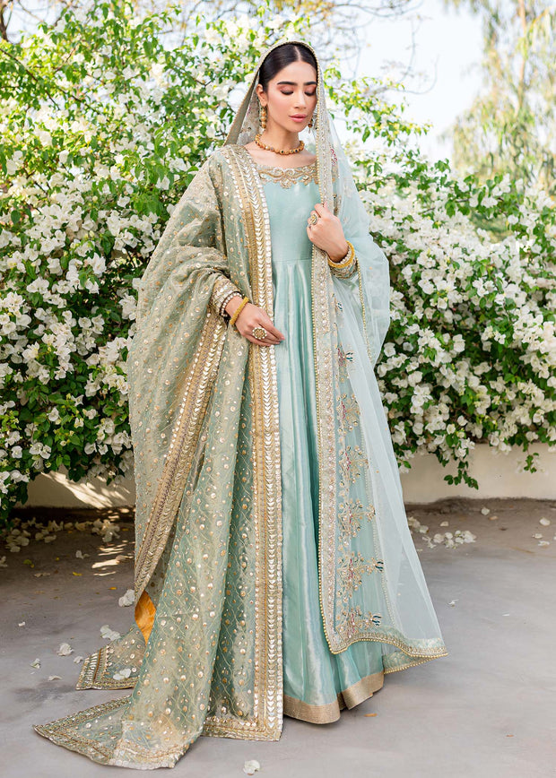 Turquoise Heavily Embroidered Pakistani Wedding Wear Pishwas Dupatta