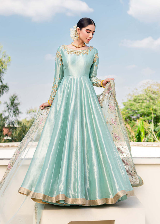 Turquoise Heavily Embroidered Pakistani Wedding Wear Pishwas