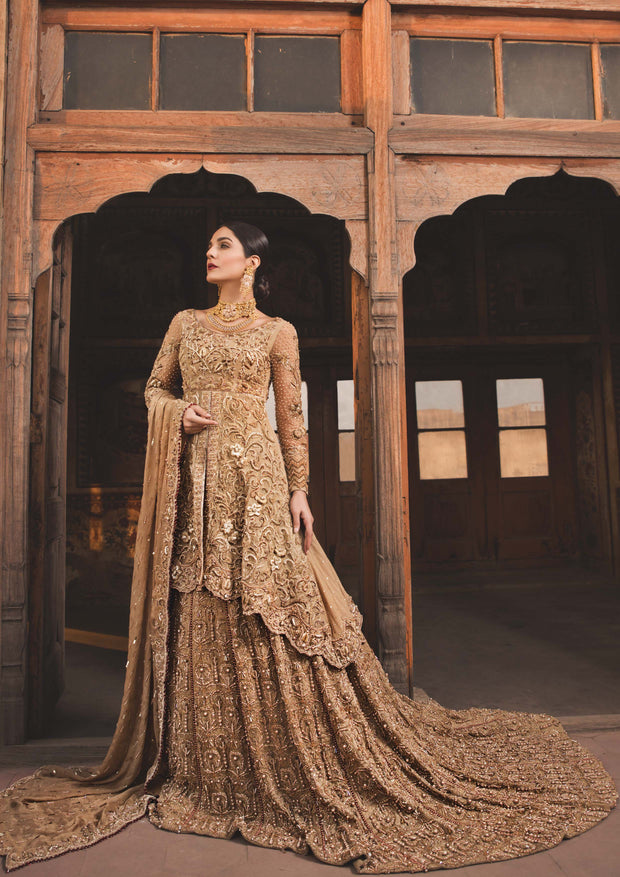 Exquisite Pakistani Designer Bridal Dress in Rich Gold