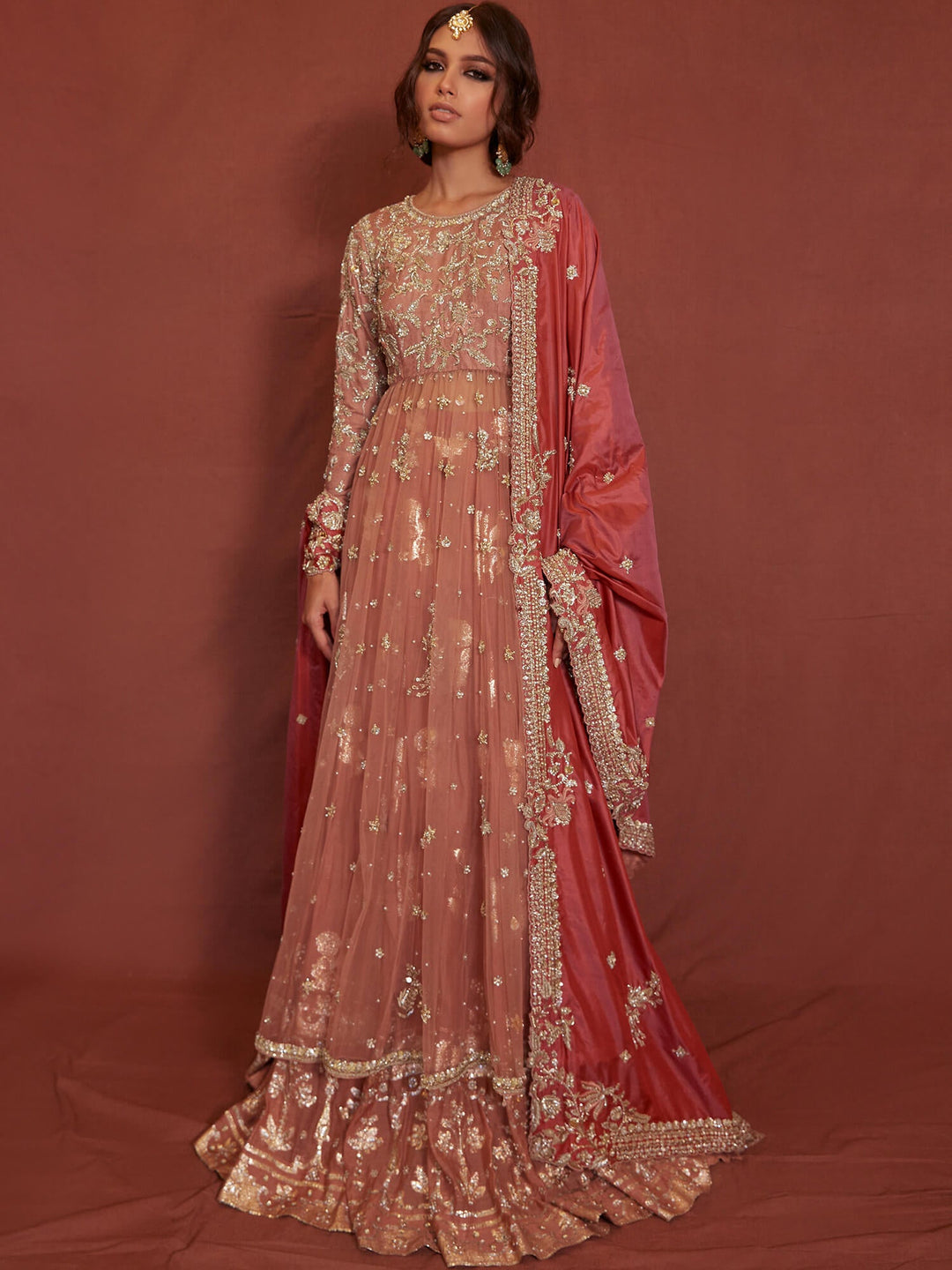 Pakistani Bridal Dress with Coral Silk Dupatta