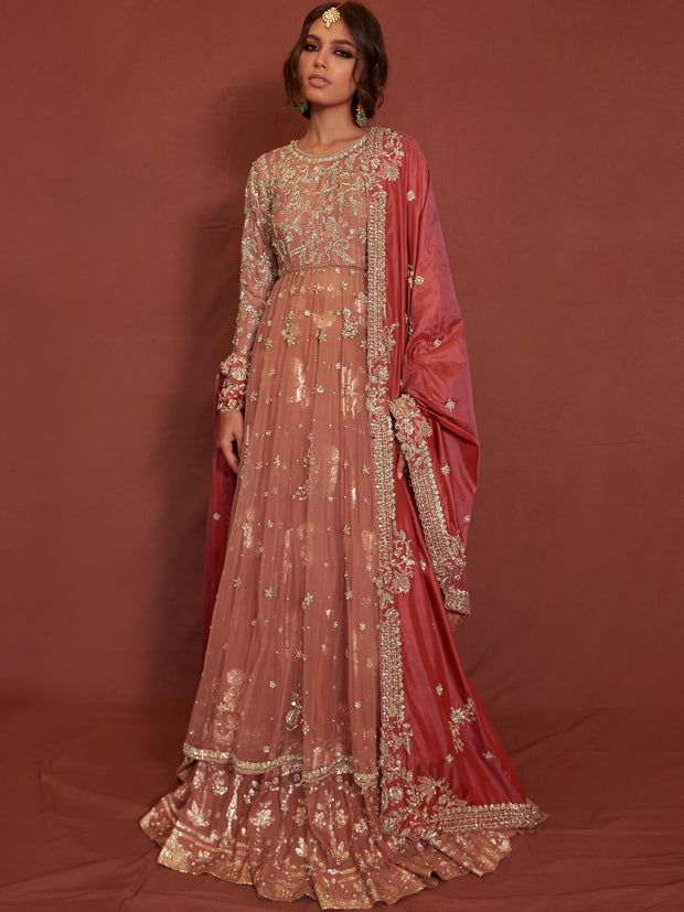 Pakistani Bridal Dress with Coral Silk Dupatta