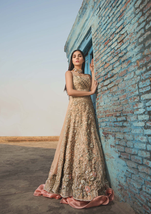 Tea Pink Pakistani Bridal Dress with Heavy Net Fabric