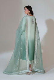 Turquoise Ombre Pakistani Party Dress with Embroidery
