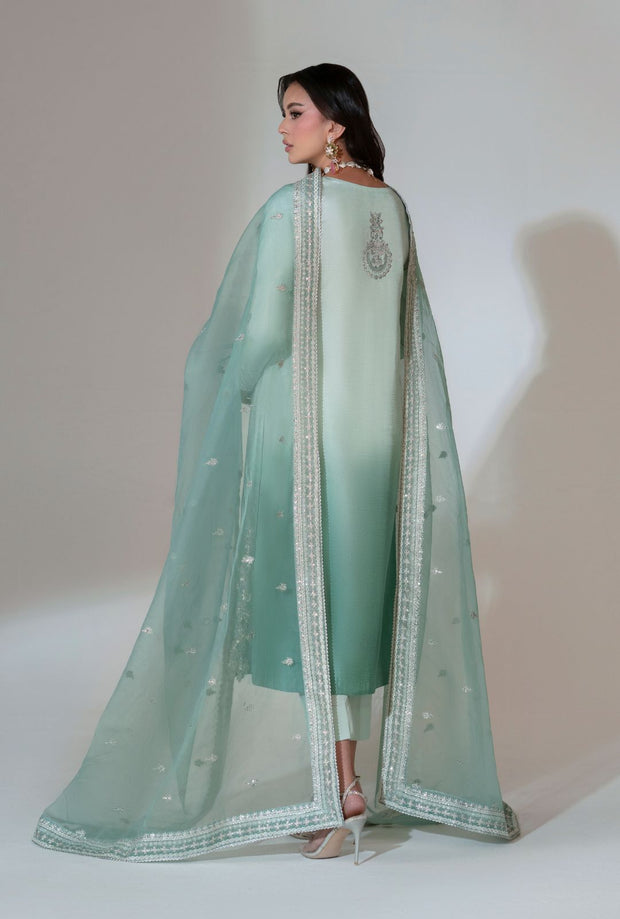 Turquoise Ombre Pakistani Party Dress with Embroidery