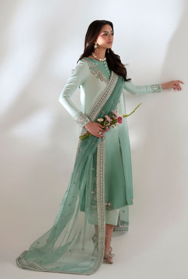 Turquoise Ombre Pakistani Party Dress with Embroidery