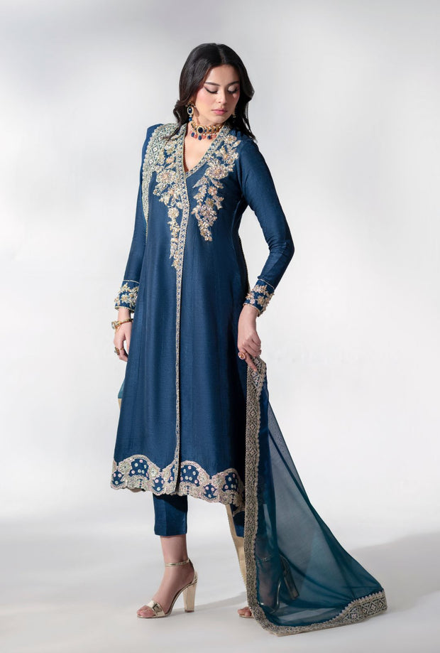 Enchanting Pakistani Party Dress in Deep Blue Tones