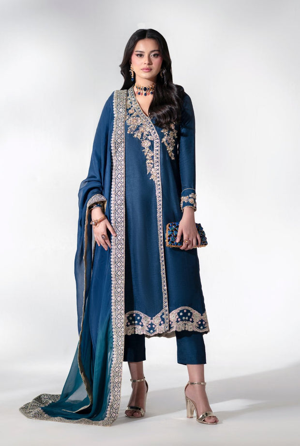 Enchanting Pakistani Party Dress in Deep Blue Tones