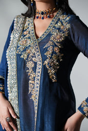 Enchanting Pakistani Party Dress in Deep Blue Tones