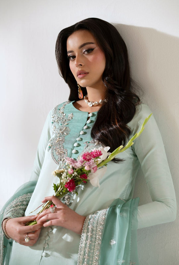 Turquoise Ombre Pakistani Party Dress with Embroidery