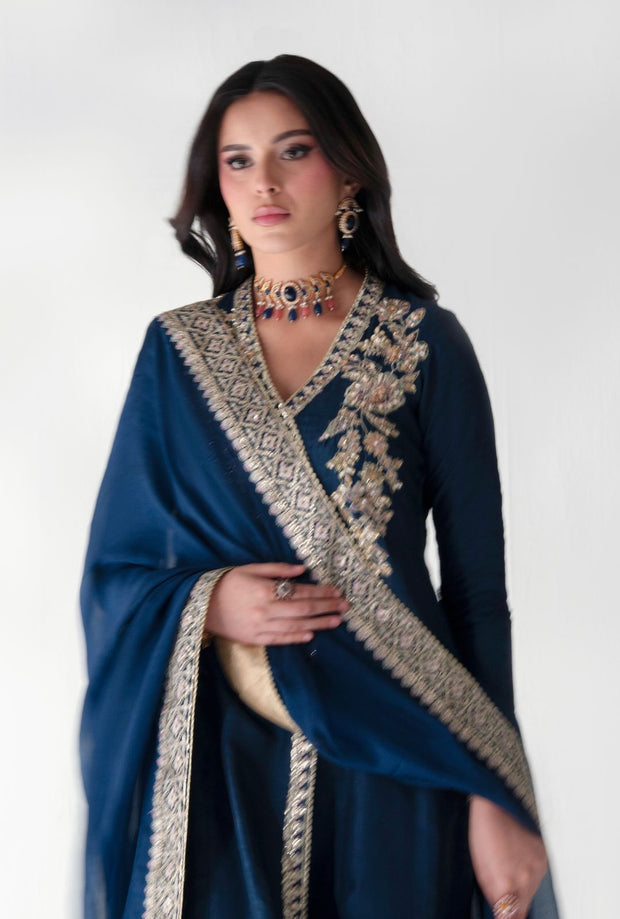 Enchanting Pakistani Party Dress in Deep Blue Tones