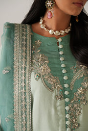 Turquoise Ombre Pakistani Party Dress with Embroidery