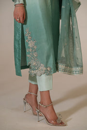 Turquoise Ombre Pakistani Party Dress with Embroidery