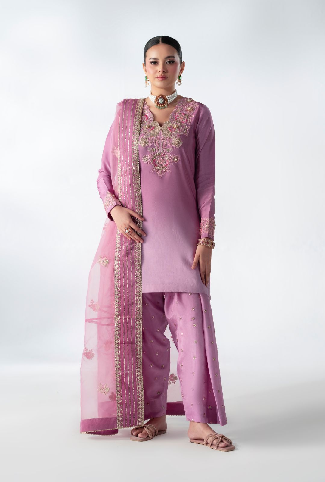 Stunning Floral Fusion Pakistani Party Dress Ensemble