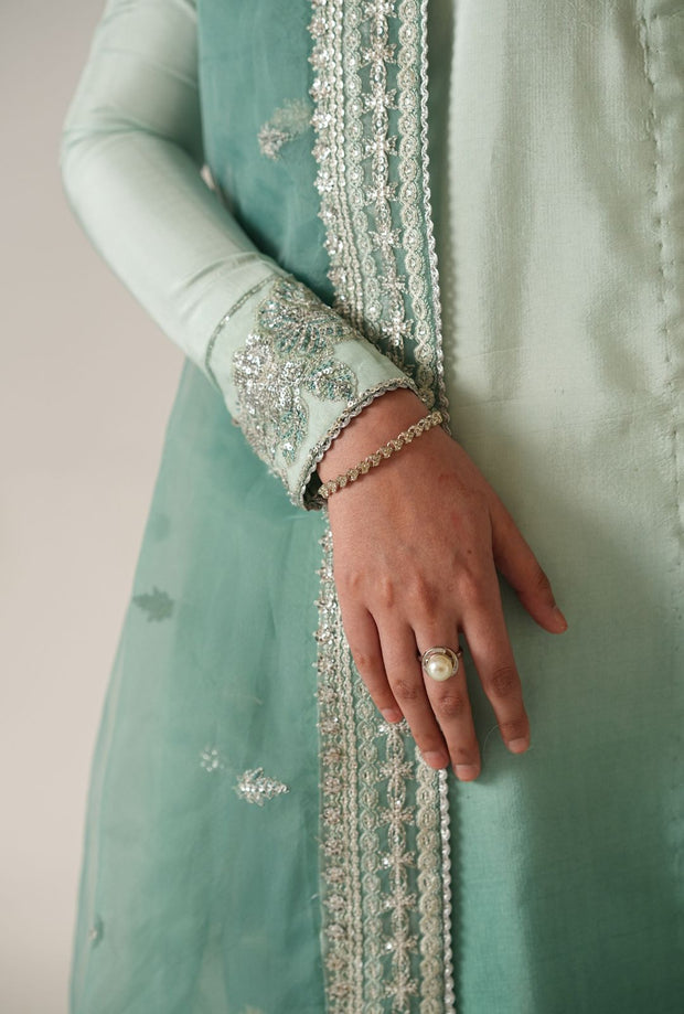 Turquoise Ombre Pakistani Party Dress with Embroidery