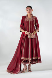 Regal Ruby Raffia Pakistani Party Dress for Elegance
