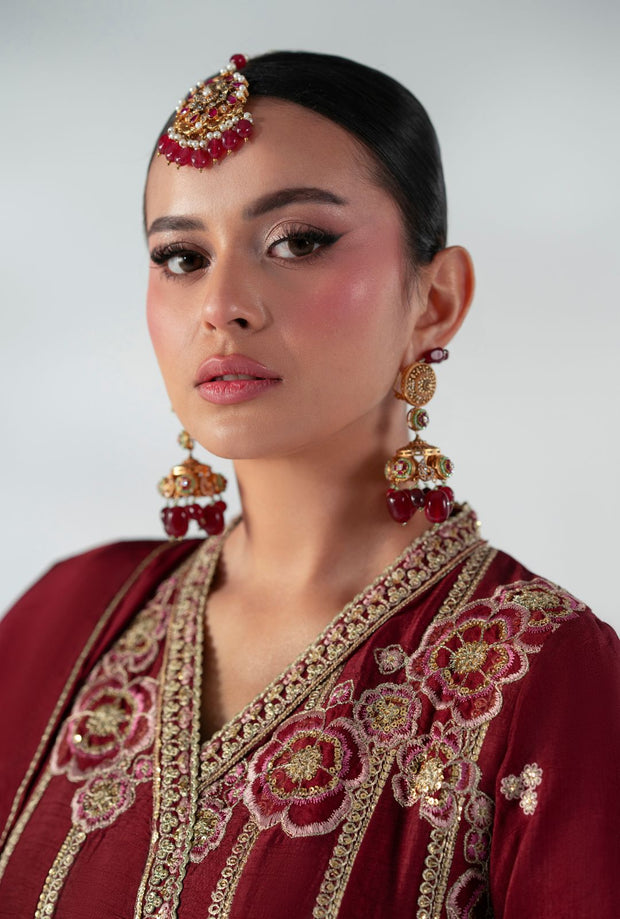 Regal Ruby Raffia Pakistani Party Dress for Elegance