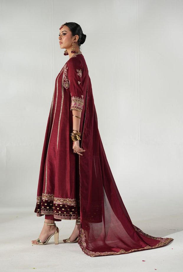 Regal Ruby Raffia Pakistani Party Dress for Elegance