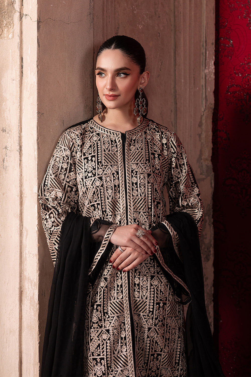 Elegant Black Sequins Embroidered Chiffon Pakistani Party Dress